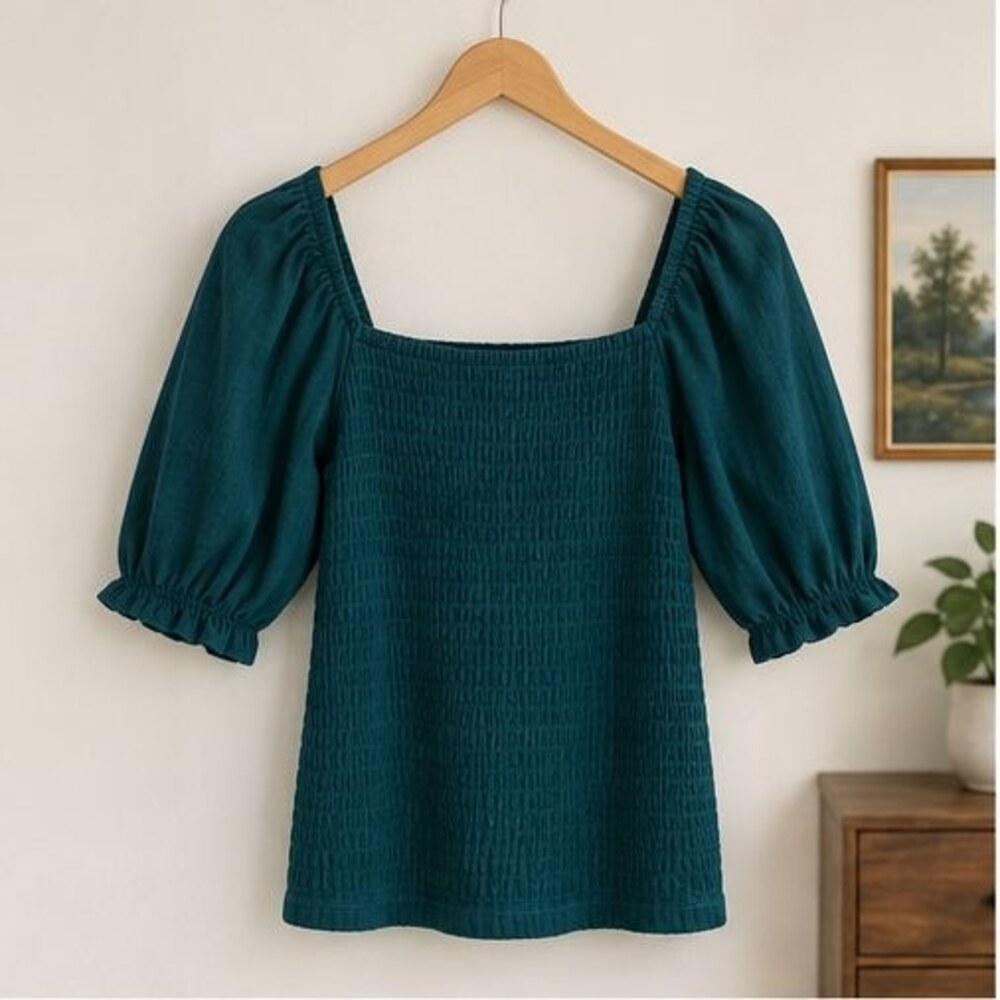 Teal Smocked Puff Sleeve Top